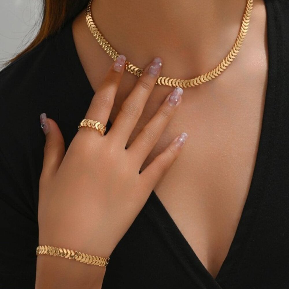 18K Gold Filled Chevron Link Necklace, Bracelet & Ring Set